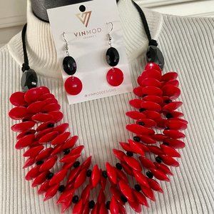 VINMOD Designs Red & Black 2-Tiered Necklace & Earring Set 23" - 25"